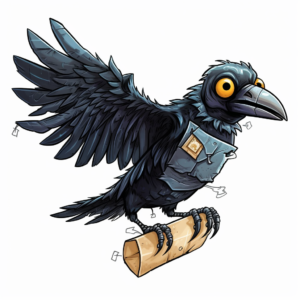 A friendly looking robotic raven flying with an envelope in it's claws. In the style of a funny cartoon. Image courtesy of Midjourney, used with permission. All rights reserved.