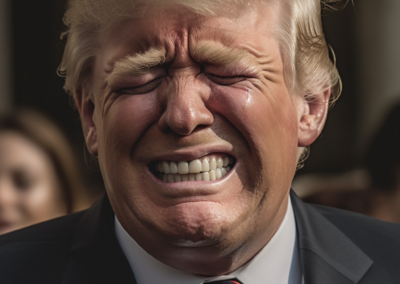 Prompt: Trump crying like a baby with tears splashing comically in all directions after a court verdict is ready out. Image courtesy of Midjourney, used with permission. All rights reserved.