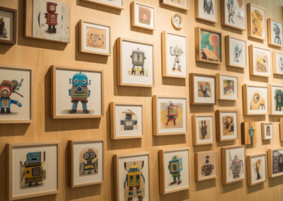 Prompt: A collection of pictures of robots in frames. The frames are on a wall. --ar 16:9. Image courtesy of Midjourney, used with permission. All rights reserved.