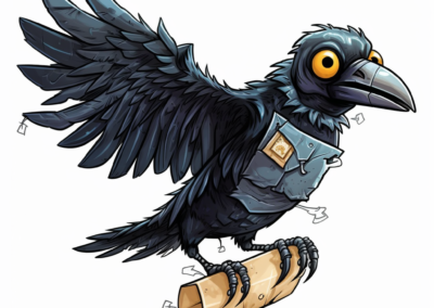 Prompt: A friendly looking robotic raven flying with an envelope in it's claws. In the style of a funny cartoon. Image courtesy of Midjourney, used with permission. All rights reserved.
