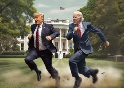 Prompt: Donald Trump and Joe Biden run towards the White House. Photorealistic. Image courtesy of Midjourney, used with permission. All rights reserved.