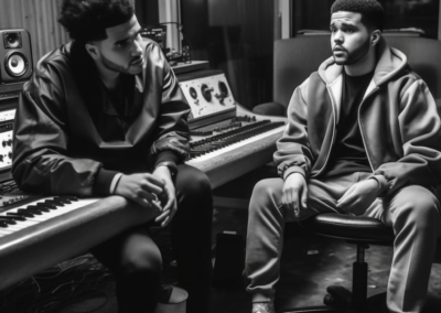 Prompt: Drake and The Weeknd collaborating in a recording studio making some music. Image courtesy of Midjourney, used with permission. All rights reserved.
