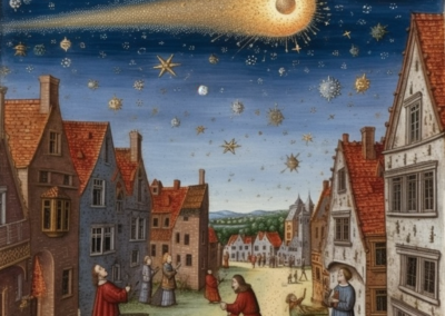 Prompt: A comet passes by in the sky startling people in medieval England. Image courtesy of Midjourney, used with permission. All rights reserved.