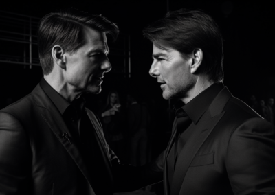 Prompt: Having a friendly chat with Tom Cruise about AI. --ar 16:9. Image courtesy of Midjourney, used with permission. All rights reserved.