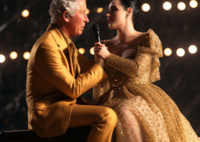 Prompt: Prompt: Katy Perry is wearing a beautiful golden colored dress and is singing to Prince Charles. She is wearing a golden dress that is shoulder-less. They are outdoors. There are fireworks in the sky. They are not embracing each other. Prince Charles is sitting down. Katy Perry is on a stage. Image courtesy of Midjourney, used with permission. All rights reserved.