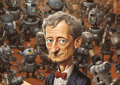 Prompt: Lots of robots, drones and other technology surround Geoffrey Hinton menacingly, making him look worried. Image courtesy of Midjourney, used with permission. All rights reserved.