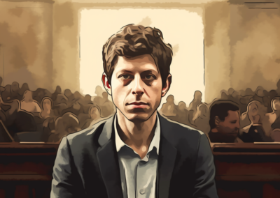 Sam Altman under pressure when being questioned in a courtroom drama. --ar 16:9. Image courtesy of Midjourney, used with permission. All rights reserved.