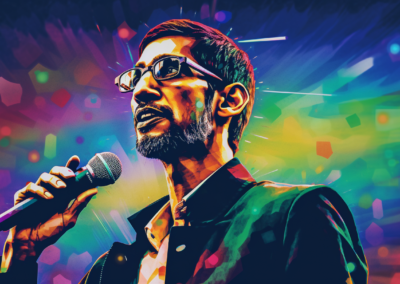 Prompt: Sundar Pichai making various announcements Use colors from Googles logo --ar 16.9. Image courtesy of Midjourney, used with permission. All rights reserved.