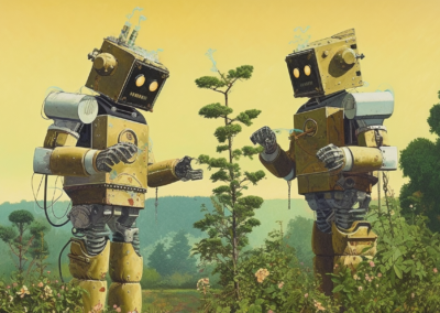 Prompt: Surrealist retro science - fiction art collage robots planting trees. --ar 16:9. Image courtesy of Midjourney, used with permission. All rights reserved.