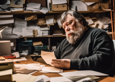 Prompt: Steve Wozniak opening up a letter that has arrived in the post and looking worried and thoughful --ar 16:9. Image courtesy of Midjourney, used with permission. All rights reserved.