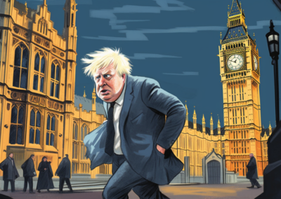 Prompt: Boris Johnson being turned away from parliament in shame. --ar 16:9. Image courtesy of Midjourney, used with permission. All rights reserved.