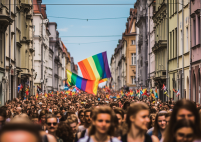 Prompt: Thousands march through Warsaw in LGBTQ+ Pride --ar 16:9. Image courtesy of Midjourney, used with permission. All rights reserved.
