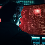 Prompt: A sinister man using AI to commit crime. Computer screen. Seedy. Cinema composition. --ar 16:9