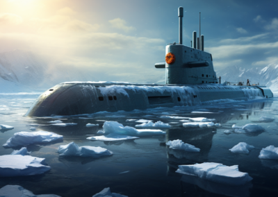 Prompt: A submarine called the US atomic submarine USS Nautilus begins a perilous journey in frozen waters. Adventure. Bold. --ar 16:9